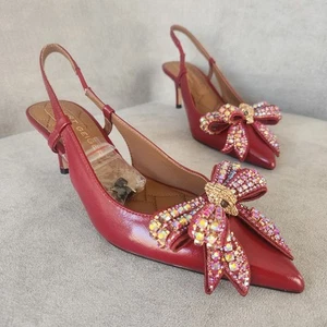 Kurt Geiger pumps 7 red leather Belgravia embellished bow pointed toe new $260 - Picture 1 of 19