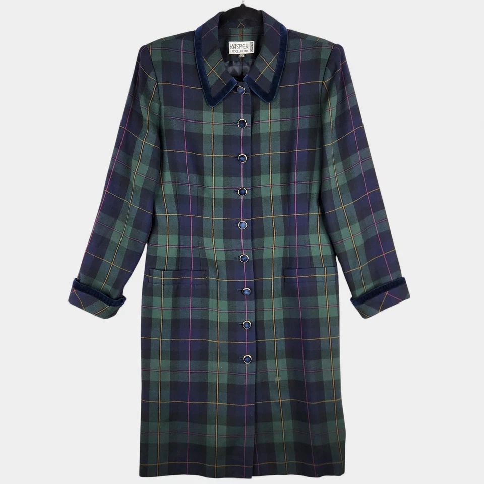 Vintage Kasper ASL Dress Womens 10P Green Navy Plaid Tartan Dress Velvet Trim - Image 1 of 4