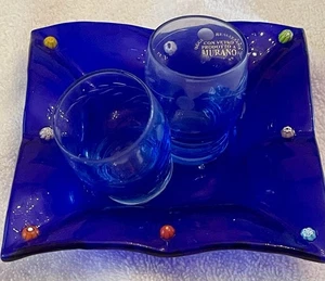Cobalt Blue MURANO GLASS TRAY w/ 2 Shot Glasses - Picture 1 of 2