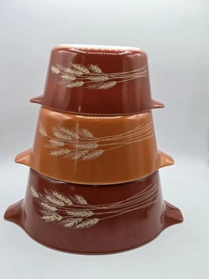 Vintage Pyrex Autumn Harvest Wheat Pattern Orange/Rust 3 Piece Set *NO LIDS* - Image 1 of 4