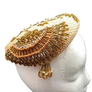 Vintage 1950s 1960s Nat Frank Hat Cap Beaded Rattan Straw peach Copper - Picture 1 of 10