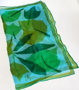 VTG Vera Scarf Verasheer Silk Vinal/Silk Blend Olive/Blue/Green Leaves Signed - Picture 1 of 5