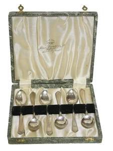 James Dixon Sheffield, Juego de 6 cucharaditas en caja, plata EPNS, Art Deco. En muy buena condición - Imagen 1 de 9