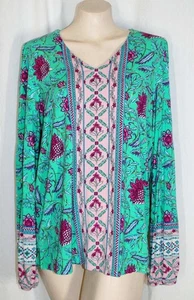 Belle Boho Kim Gravel M Colorful Exotique Border Print Stretch Rayon Knit Top - Picture 1 of 5