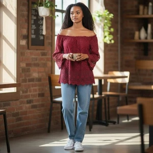 L & B Womens Small Medium Maroon Lace 3/4 Bell Sleeve\ Blouse Top Shirt S M - Picture 1 of 12