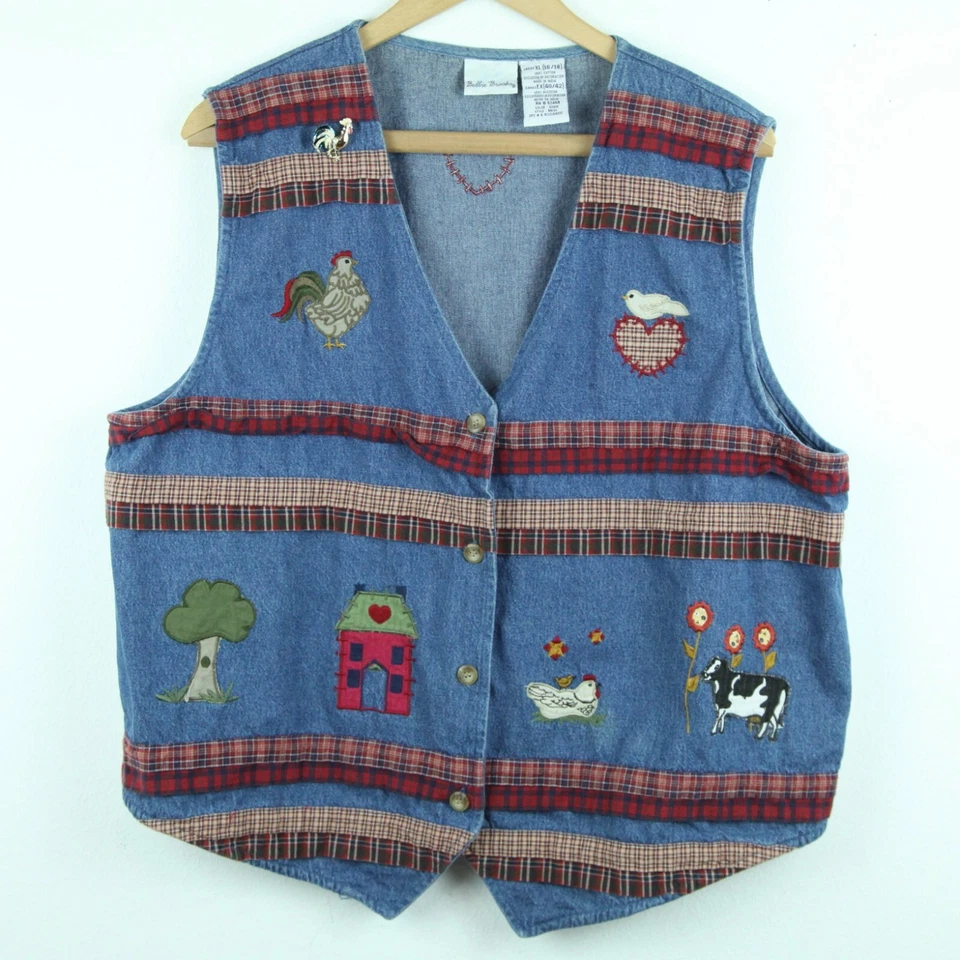 Vintage Women's XL Denim Vest Farmcore Grannycore Chickens Plaid 90s Embellished - Image 1 of 4