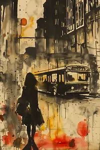 "WAITING ON THE BUS" CANVAS ART PRINT 18X24" or 24X36" READY TO HANG CITY SCAPE - Picture 1 of 5