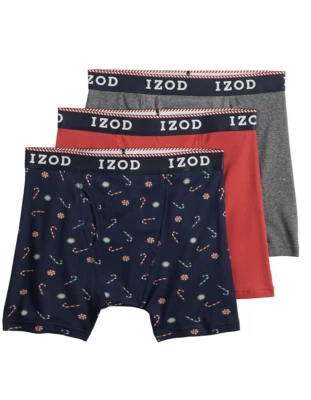 Izod Boxer Briefs Mens Small Christmas Red Black Gray Fly Pouch 3 Pack Cotton - Image 1 of 3