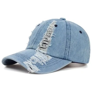 Light Blue Distressed Denim Baseball Cap Ripped Hat For Women, Men Solid - Picture 1 of 5
