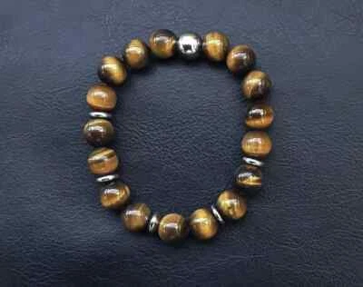 Bracciale Uomo in Pietra dura Naturale Occhio di Tigre Ematite argento 10mm - Immagine 1 di 4