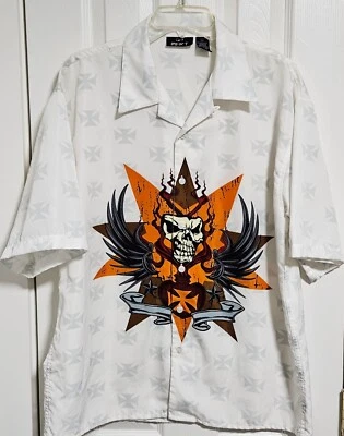 City Impact Men's Button Shirt Skulls Wings Fire Iron Cross Biker Casual Sz  L - Image 1 of 3