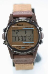 Timex Men Watch Plastic Black Brown Leather 100m Chron Alarm Date Light Quartz