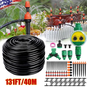 130ft Drip Irrigation System Plant Timer Self Garden Watering Hose Spray Kit USA - Picture 1 of 50