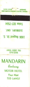 Sudbury Ontario Canada Mandarin Embassy Motor Hotel Vintage Matchbook Cover - Picture 1 of 2