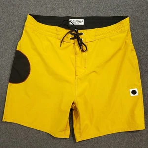 Boardshort de lona Ola negro para hombre 30 amarillo cremallera bolsillo elástico peligro - Imagen 1 de 7