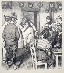 Theodor Grätz Besoffener Wirt bohrt in Nase belustigt Gäste Koch Zeichnung 1908 - Bild 1 von 1