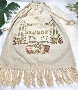 Vintage linen embroidered laundry bag drawstring top Folk Decor Handmade Fringe - Picture 1 of 9