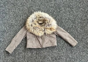 RIVER ISLAND GREY FAUX SUEDE GIRLS FUR COLLAR BIKER JACKET COAT 7yr - Picture 1 of 8