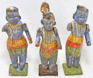 Vintage Lot of 3 Wooden God Krishna Figurine Idol Original Old Hand Carved Paint - Picture 1 of 11