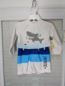 Boy's Infant Koala 2-Piece Swimming Trunks & Shirt Shark in Water Themed Sz 6-9M - Picture 1 of 12