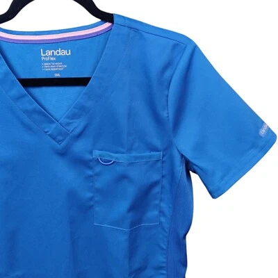 Camisa Médica Landau Azul Proflex 2 Bolsillos Cuello en V Tejido Acanalado Top Para Mujer Talla Pequeña Foto 1 de 4
