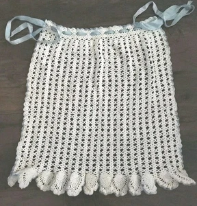 Vintage Handmade Crocheted Half Apron White and Blue - Picture 1 of 7