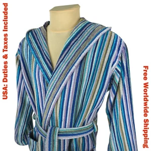 Vintage Missoni Multicolor Striped Cotton Belted Hooded Bath Robe Size L - Picture 1 of 12