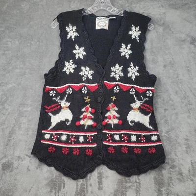 Chaleco Suéter Vintage Navidad Tejido Abuela Feo Grande Hecho a Mano Erika Reno Foto 1 de 4