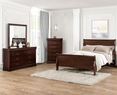 Louis Philippe Transitional Style Queen Size 3pc Bed Set Cherry Finish - Image 1 of 4