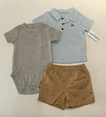 Carters Baby мальчика 9 месяцев шорты рубашка боди 3 ПК комплект милый трицикл наряд - Изображение 1 из 2