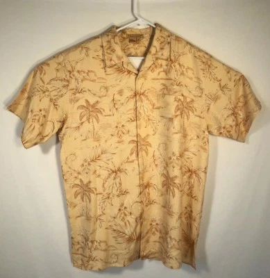 TULLIANO Mens M Shirt 100% Silk Hawaiian Yellow Palm Tree Pattern Short Sleeve - Image 1 of 4
