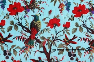 3 Yards Hand Velvet Fabric, Indian Fabric, Floral Bird Print Fabric Turquoise - Picture 1 of 3
