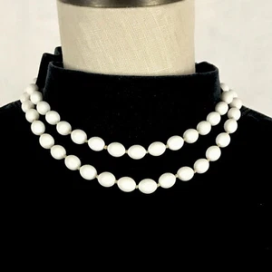 Vintage Trifari Necklace Hand Knotted Two Strand White Lucite Oblong Beads 15” - Picture 1 of 8