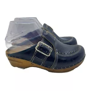 BASTAD ORIGINAL Swedish Wooden Clogs Women's Blue Leather Buckle Slip-on EU 36 6 - Picture 1 of 7
