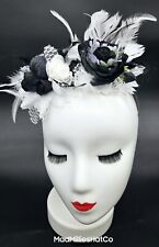 Aria Black & White Fascinator Headband Florals & Feathers Autumn Racing