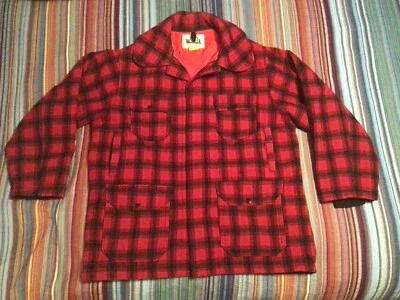 Vtg Woolrich Mackinaw RedBlack Plaid Snap/Button Chin strap Cruiser Jacket sz 46 - Image 1 of 4