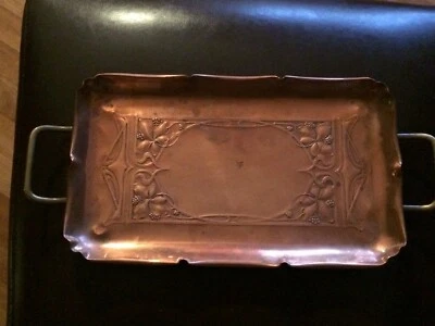 WMF Straußenmarke Jugendstil KUPFER Tablett Messingfüßchen Messinggriffe - Bild 1 von 4