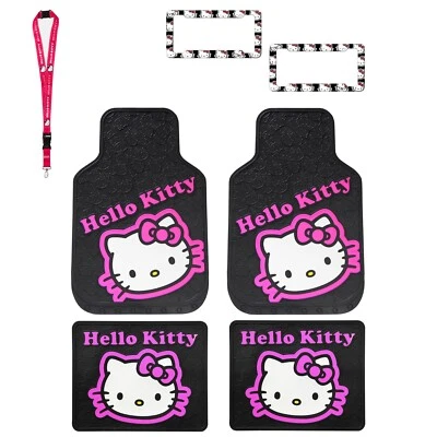 7pc Pink Hello Kitty Car Truck Rubber Floor Mats License Plate Frames Lanyard - Изображение 1 из 4