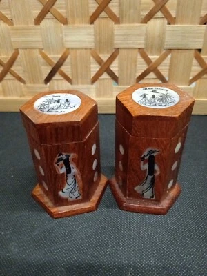 Par de soportes para palillos de dientes vintage de madera con bisagras hexagonales madreperla 7,5 cm Foto 1 de 4