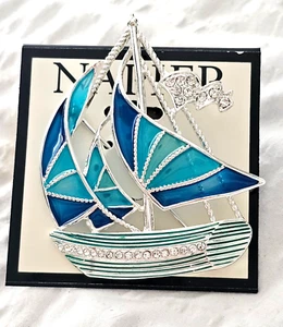 Napier SIGNED Silver Tone Shades of Blue Sailboat Boat Yacht rhinestone NEW - Picture 1 of 5