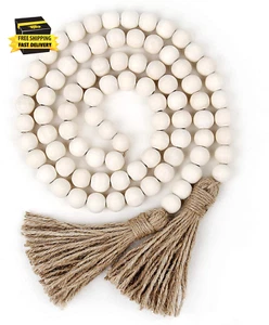 58In Wood Bead Garland with Tassels, Farmhouse Rustic Country Decor Prayer Boho - Picture 1 of 6