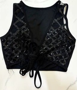 XS Sequin/Feather Mesh Vest, Tie Front, Black, Costume,Clubbing Cropped, Midriff - Picture 1 of 8