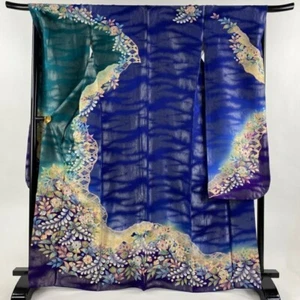 Woman Japanese Kimono Furisode Silk Tsujigahana Silver thread Gold foil Green - Picture 1 of 7