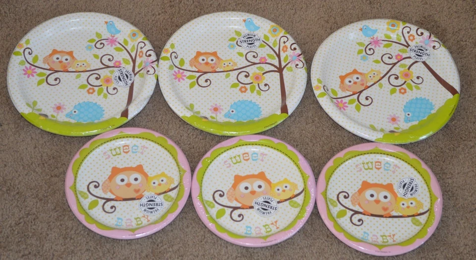 Lot Happi Tree Baby Shower Sweet Owl Paper Plates Lunch Girl Party Pink - Image 1 of 1