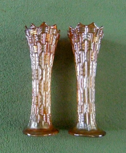 VINTAGE MARIGOLD CARNIVAL GLASS BASKET WEAVE VASES x 2 - Picture 1 of 6
