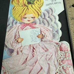 Vintage Weihnachtskarte Mädchen Engel 70er Stanzstoff Foto Style Nichte rosa Kleid - Bild 1 von 8
