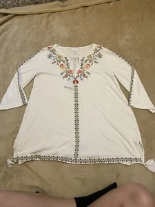 J. JILL Tunic Top White Embroidered 3/4 Sleeve Womans Size S Boho Floral Tassel - Picture 1 of 18