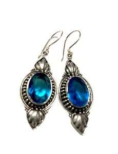 Luxury Earrings Balinese 925 Sterling Silver Handmade with Genuine Blue Topaz - Picture 1 of 5