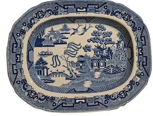 ANTIQUE STAFFORDSHIRE BLUE & WHITE ENGLISH BLUE WILLOW PLATER (L) - Picture 1 of 8
