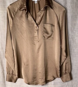 Lena Damen Bluse hellbraun gold seidig Langarm Pullover 1/4 Knopf S - Bild 1 von 6